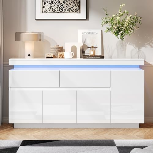 Kayan Kommode, Hochglanz Sideboard mit 4 Türen und 2 Schubladen, LED Beleuchtung (App Control), Mehrzweckschrank für Wohnzimmer und Schlafzimmer, 140 x 35 x 72,5 cm, Weiß