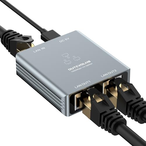 Dutevolns Switch Ethernet 2 Port, Doubleur RJ45 Splitter, Boîtier Aluminium | Netwrok Splitter 1000Mbps 1 in 2 out, 2 Device Simultaneously Networking, with USB Power Cable, for Cat5/5e/6/7/8 Cable