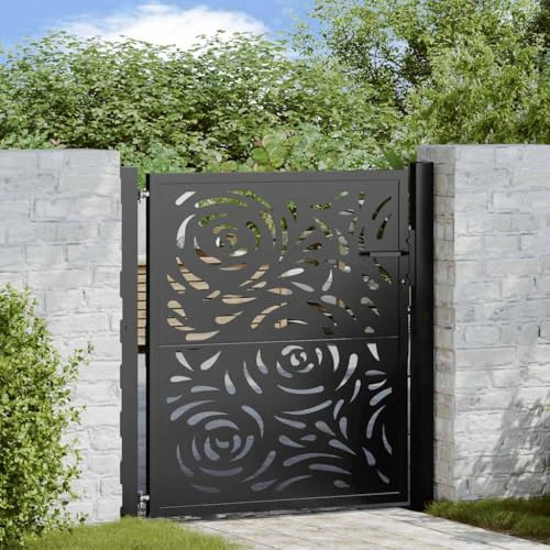 Canditree Black Metal Garden Gate with Lock, Weathering Steel Lockable Door for Pathway, Garden Entrance (110x106 cm)