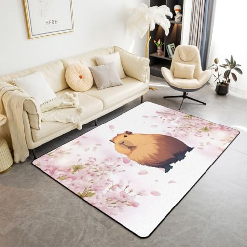 Erosebridal Cartoon Capybara Area Rug 3x5 Cherry Blossom Capybara Living Room Rug Non Slip Cute Rodent Animal Carpet for Bedroom Kitchen Dreamy Sakura Floral Indoor Floor Mat Non Slip