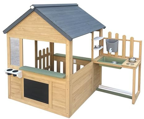 AXI Lizz Spielhaus aus Holz - Braun/Anthrazit | Holzspielhaus mit integrierter Spielküche - Outdoor Kinderspielhaus für den Garten inklusive Zubehör | Gartenhaus für Kinder