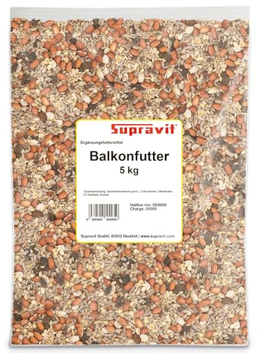 Supravit Balkonfutter für Wildvögel 5kg Wildvogelfutter schalenfrei | Premium | Sonnenblumenkernen, Erdnüssen, Haferflocken & Rosinen | Ganzjahres- & Winterfutter
