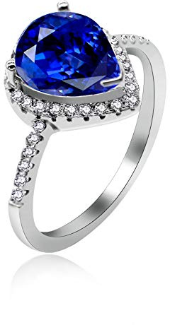 Uloveido pour Femmes en Argent Sterling 925 Taille Poire simulé Saphir Solitaire Anneaux de Mariage Bijoux de fiançailles (Bleu, Taille 49,3) JZ116