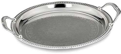 großes rundes Silbertablett Ø 32.5 cm - flaches versilbertes Dekotablett ohne Füße - rechteckiges silbernes Deko Serviertablett für Speisen und Getränke - mit Griffe