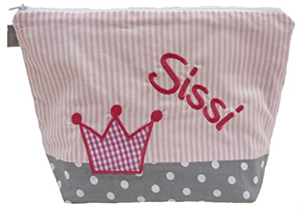 bestickte Tasche KRÖNCHEN + Name //rosa - grau//Wickeltasche Kulturbeutel Windeltasche Kulturtasche Waschtasche 20 Schriften Kosmetiktasche