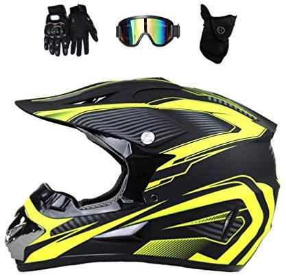 MRDEAR Downhill Helm mit Brille und Handschuhe (4 Stück) Cross Helm Kinder, Motocross Helm Schwarz und Gelb, Motorradhelm Crosshelme Schutzhelm für MTB Enduro Sport Sicherheit Schutz,XL