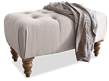 Loberon Hocker Durance, handgeknöpftes Chesterfield-Design, liebevoll gedrechselte Beine, strapazierfähiger Bezug, Sitzmöbel, Kautschukholz, Kiefernholz, leinen
