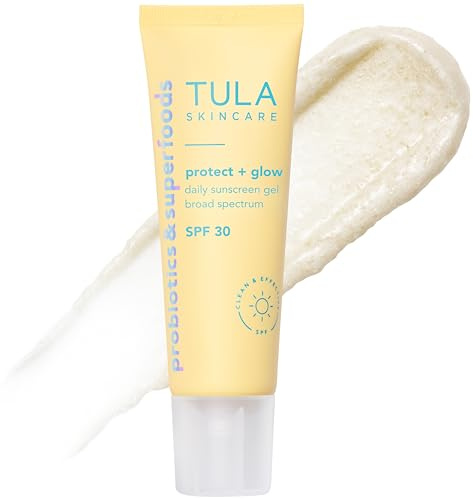 TULA Skin Care Protect + Glow Daily Sunscreen - Gel, Broad Spectrum SPF 30, Skincare-First, Non-Greasy, Non-Comedogenic and Reef-Safe with Pollution and Blue Light Protection, Regular, 1.7 fl oz.