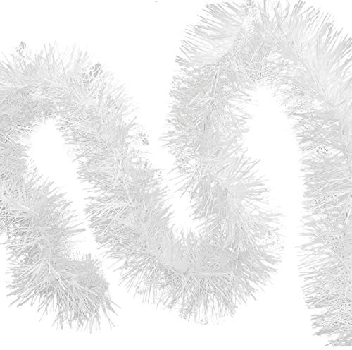 Allgala White Tinsel Garland, 50 Feet Christmas Metallic Foil Tinsel Garland Decoration for Holiday Tree Walll Rail Home Office Event Fall Thanksgiving Decoration