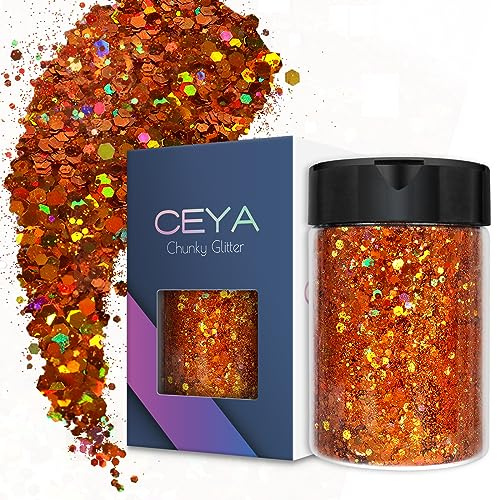 Ceya holografiskt tjockt glitter, 140 g orange hantverk glitterpulver blandade tjocka och fina flingor skimrande nagelpaljetter för nagelkonst, hår, epoxiharts, glas, slime, målning, festivaldekor