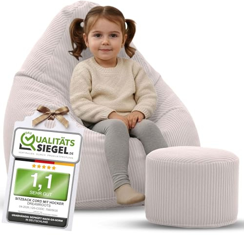 DreamRoots Sitzsack Kinder Cord 70x70x105 mit Hocker, White Dove | Bean Bag Chair mit Hocker, Lehne & Bezug, mit Füllung, Sitzkissen Boden, Kindersitzsack Kinderzimmer