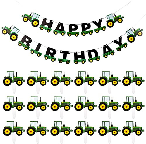 Belvanr Traktor Cupcake Toppers 57 Stücke Fahrzeug Kuchen Topper Traktor Geburtstag Happy Birthday Girlande Tractor Cupcake Picks Green Tractor Happy Birthday Banner Geburtstagstorte Topper für Party