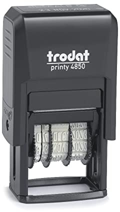 Trodat Printy 4850/L2 Datumsstempel mit niederländischem Text BEZAHLT OP, 3.8 mm, Druckgröße ca. 25 x 14 mm, Druckfarbe blau und rot
