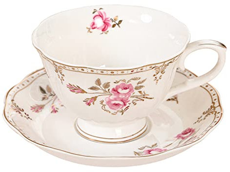 fanquare 220ml Café Tasse et Soucoupe Set, Tasse à Café Rose Clair avec Bord Doré, Vintage Porcelaine Tasse à Thé
