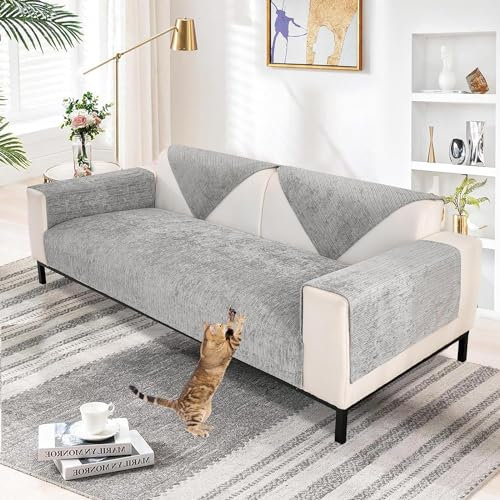 Topchances Chenille Sofa Slipcovers 1/2/3/4 Seater,Non Slip Sofa Cover for Dogs All-Seasons Sofa Wrap with Non-Slip Silicone Particles Apply to Living Room Dogs Cat Pet (Grey,90x90cm 1 Piece)
