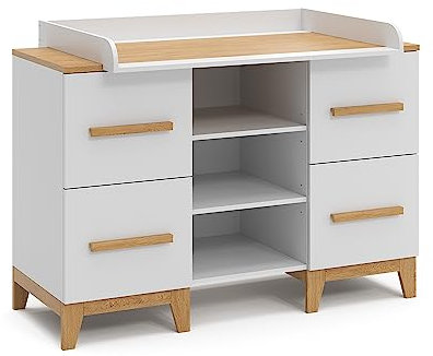 VitaliSpa Wickelkommode Malia, Weiß/Eiche, 133 x 98 cm XL mit 4 Schubladen
