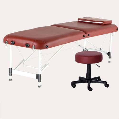 XIAOZHUANGXIONG Zusammenklappbares Kosmetikbett, Mobile Aluminium Massageliege 2 Zonen Höhenverstellbar Klappbar, mit Tagesdecke, Rucksack und Runder Hocker (Color : Red, Size : 185 * 70cm-C)