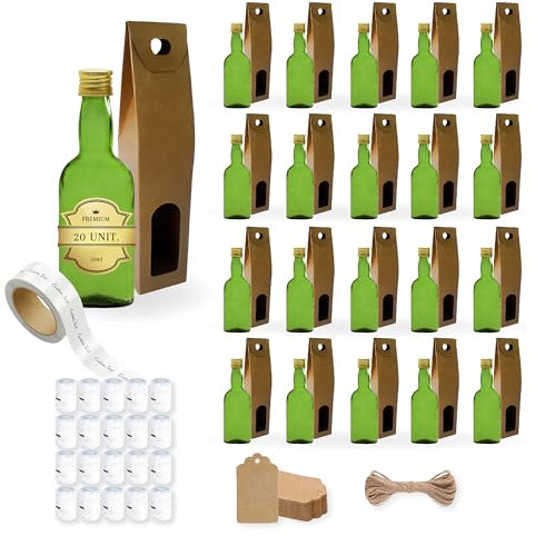 20 mini botellas de vino de Oporto de 50 ml con tapón de rosca dorado, caja, etiqueta kraft, hilo y etiqueta personalizable-Mini botellas de alcohol, frascos de muestra pequeños - Regalos Bodas
