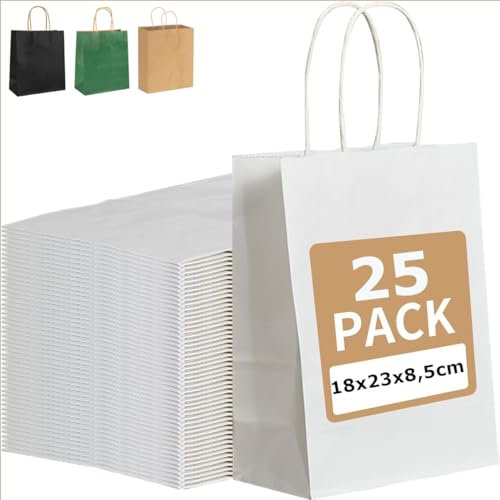 PAKNOR® 25stk Weiß Papiertüten mit Henkel - 18 x 21 x 8 cm, Papiertragetasche mit Kordelgriff, Geschenktüten, Kraftpapiertüte, DIY Adventskalender (Weiß - 25 Stück)