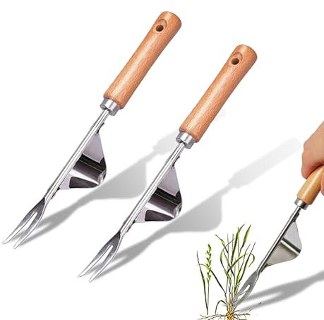 LeuKoles Unkrautstecher aus Edelstahl mit Holzgriff, Wurzeljäter, Handweeder zum Graben, Jäten und Lockern, Geschenk für Gärtner und Gärtnerinnen,2 Stück