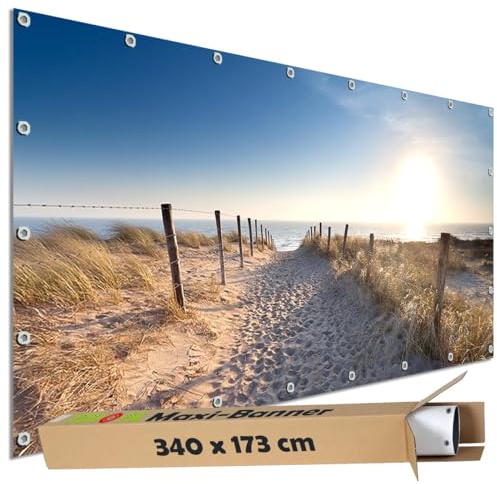 TRIOSK Große Motivplane Sichtschutz Zaunblende mit Motiv Dünenweg Strand Meer Motivbanner Garten Deko Plane Blickdicht für Zaun Terrasse Gartenzaun Zaunplane PVC 340x173 cm