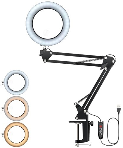 YGiTK 8X 15X Magnifying Glasses with Double Lens, 3 Color Modes & 10 Brightness Levels, Adjustable Metal Swivel Arm, Cosmetic Work Light, Desk Lamp LED Magnifying Light for Reading, Repair