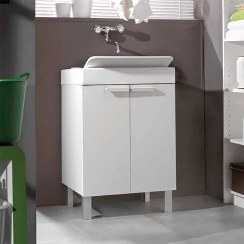 Liberoshopping Mobile lavatoio in legno con 2 ante e vasca in resina 59x51 cm (Bianco)