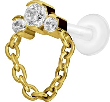 PIERCINGLINE PTFE Labret mit Gewinde + Titan-Aufsatz 3 EINGEFASSTE KRISTALLE + KETTE Piercing Nase Ohr Goldfarben 1,6 x 6 mm