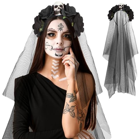 XIMEY Haarband Tag der Toten, Haarreif, Halloween, Haarreif, für den Tag der Toten, eng, Blume, Durchmesser von los Muertos, Halloween-Haarband, eng, Damen, für Karneval, Maskerade, Schwarz