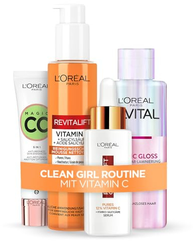 L'Oréal Paris Vitamin C Glow Routine: Vitamin C Reinigungsschaum, 12% pures Vitamin C Serum, Elvital Glycolic Gloss Haar-Laminierung & Magic CC Anti-Rötungen Creme – [Amazon Exclusive], 4-teilig
