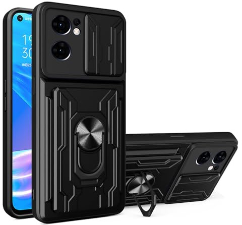 ILING Wallet Case for OPPO Find X5 Lite 5G, Ultra-thin Matte Hard PC Silicone Shockproof Protective Armor Cover, with Card Holder Slot, Ring Kickstand, Slide Camera Cover (Black)