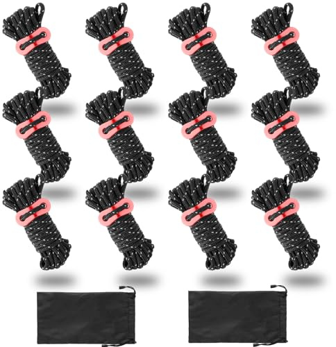 GBACHOOSE 12 Stück 4M Abspannseile mit Seilspanner, Abspannseile Camping Reflektierend Φ 4mm, Spannschnur Zelt Schwarz, Zelt Abspannseile Ultraleicht, Zeltschnur Leuchtend für Camping, Wandern, Zelt