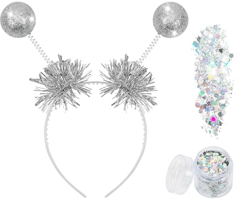 Alien Haarreif, Space Girl Haarreif mit 2 Glitzerkugeln Silber und Holografischer Glitter, Alien Kopfschmuck, Galaxy Alien Accessoires für Karneval Fasching Halloween Party