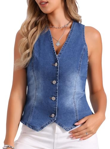 Allegra K Damen V-Ausschnitt Ärmellos Jeansweste Knopfleiste Elegant Denim Weste Jacke Blau S