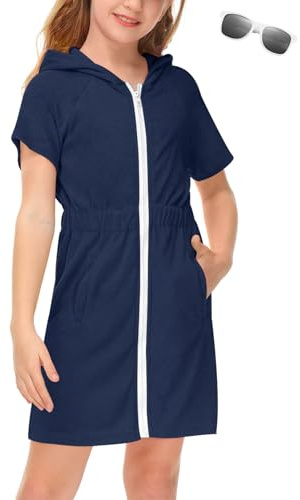 BesserBay Junge Frottee Kurzarm Badeponcho Taschen Elastischer Bund mit Kapuze Zip Kinderbademantel Blau 150