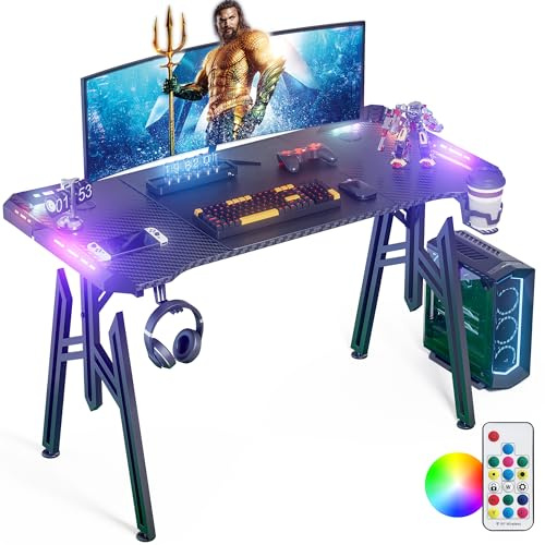 FIVMEN Mesa de escritorio para juegos LED 140x60 cm Mesa de ordenador con portavasos y gancho para auriculares Mesa de PC Mesa para juegos Mesa para juegos con revestimiento de fibra de carbono
