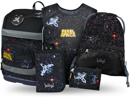 Baagl Schulranzen Jungen Mädchen Set 5 Teilig (Zippy Schultasche für 1. Klasse, Mäppchen, Turnbeutel, Schürze, Brustbeutel), Grundschule Ranzen, Ergonomischer Schulrucksack, 21 l