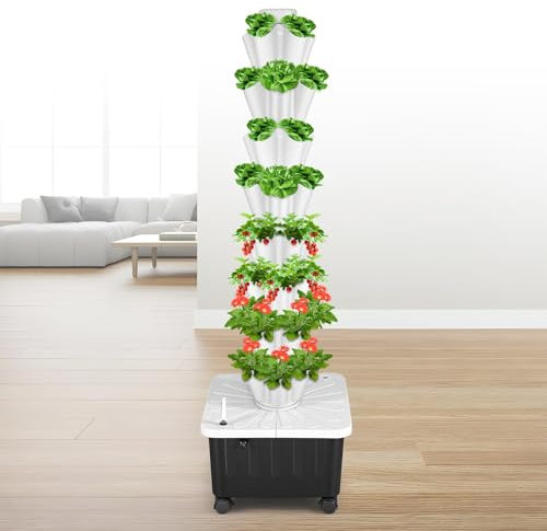 PPLDABNK hydroponics Growing Kit Tower, 40 Pods 8 Tiers Vertical Hydroponic Tower, Outdoor Hydroponic Tower with Water Pump for Vegetable Herb Fruit, Gardening Lover Plants Grow Kit,8 Layers,White