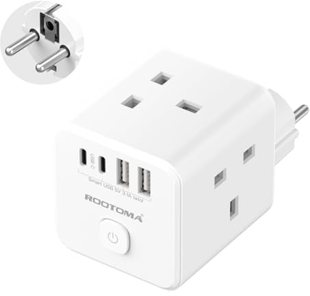 UK to EU Plug Adapter with 4 USB (2 USB-C), 3 Outlets with Switch, White | Cube Travel Adapter for Germany, France, Spain, Italy, Portugal, Greece, Turkey and more – Type E/F