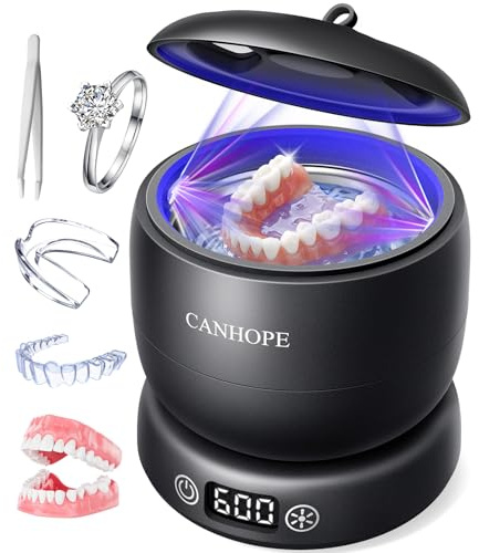 CANHOPE Macchina per pulizia ad ultrasuoni, pulitore per gioielli ad ultrasuoni, detergente per protesi dentarie per Invisalign, paradenti, guardie notturne, allineatori, spazzolino da denti, base e