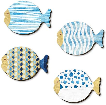 Homiladi 4 Stück Holzfisch-Wandkunst | Fisch-Wandskulptur dekoratives Ornament | Meerestier-Wandbehänge für Badezimmer, Schlafzimmer, Seehaus, Ozean-Strand-Themen-Ornamente