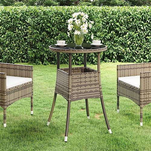 HaoChrymec Gartentisch mit Poly Rattan und Hartglas, Pulverbeschichteter Stahlrahmen, Stabil und Pflegeleicht, Balkon Tisch,Perfekt als beistelltisch Garten oder loungetisch Outdoor, Grau, Ø60x75 cm