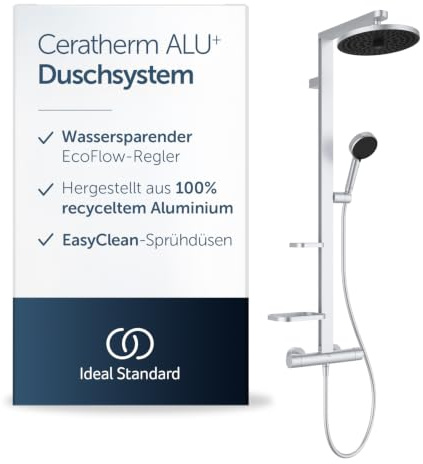 Ideal Standard Ceratherm Alu+ freiliegendes Duschsystem, mehrere Duschfunktionen, Thermostatfunktion, Wasser- & Energieeinsparung, Kernelemente aus Aluminium, in silberfarbener Ausführung