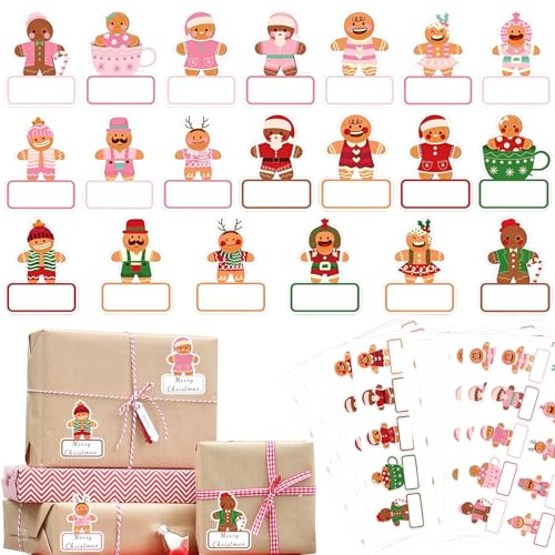 240 Stück Aufkleber Weihnachten, Blatt Weihnachtsaufkleber zum Beschriften, Weihnachtsetiketten Selbstklebend,Weihnachtsgeschenketiketten Lebkuchenmann Namensaufkleber für Geschenktüten Weihnachtsdeko