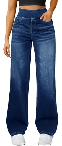 Jean large pour femme taille haute à enfiler - Pantalon Palazzo extensible et confortable - Style baggy tendance - Contrôle du ventre - Jambe droite - Pantalon décontracté en jean avec poches pour un