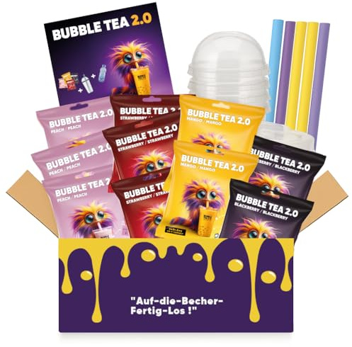 Bubble Tea 2.0 Party Set, Erdbeere, Pfirsich, Mango, Brombeere | 10x Instant Bubble Tea, Inkl. Becher, Deckel & Strohhalme, Perfekt für jede Feier