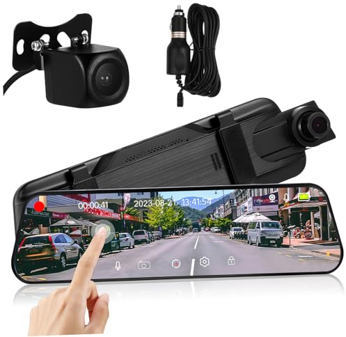 Cabilock Cámara de Coche Dual Lens Dash CAM con Pantalla Táctil Full Screen Visión Nocturna Frontal y Trasera Streaming Media Mirror y Grabadora de Vídeo para Espejo Retrovisor