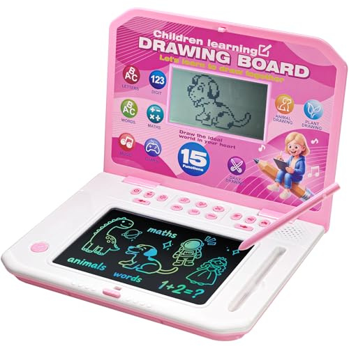 Happiegg Kids Laptop, 2-in-1 LCD Drawing Board & Learning Toy Pink | Learn Alphabet Maths Games Music, Eye-Friendly Screen Portable Educational Toy for Boys Girls Birthday Christmas