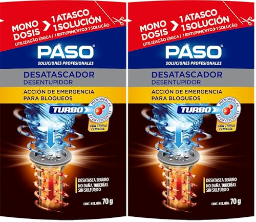 PASO - Desatascador Turbo Tuberías Químico - Microperlas - Todo tipo de problemas de tuberías y desagües - Monodosis 70gr (Paquete de 2)