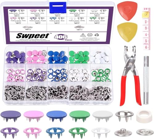 Swpeet Set da 200 bottoni a pressione in metallo, 807 pezzi, 10 colori, 5 rebbi, con pinze di fissaggio e kit assortito di gessi da sarto per lavori fai da te
